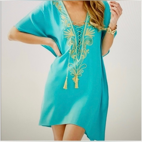 Lilly Pulitzer Dresses & Skirts - Lilly Pulitzer Chai Caftan in Seaside Aqua with gold embroidery women’s size XXS